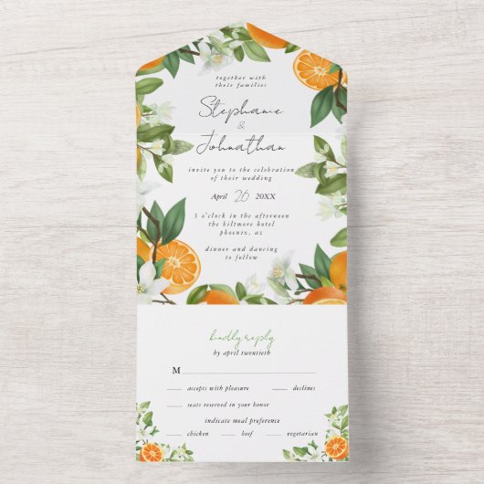 Mandarijn Sinaasappel Waterverf Bruiloft All In One Uitnodiging (Binnen)