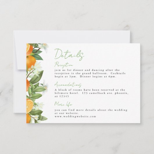 Mandarijn Sinaasappel Waterverf Bruiloft Info Kaart (Voorkant)