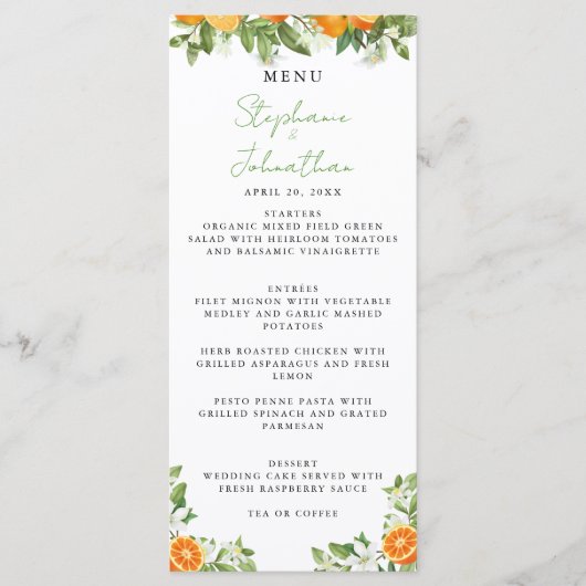 Mandarijn Sinaasappel Waterverf Bruiloft Menu (Voorkant)