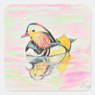 Mandarijnse duck Ink en Waterverf Schilderen Vierkante Sticker