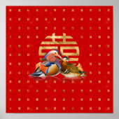 Mandarijnse eenden en dubbelgeluk op rood poster (Voorkant)