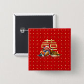 Mandarijnse eenden en dubbelgeluk op rood vierkante button 5,1 cm (Voorkant /achterkant)