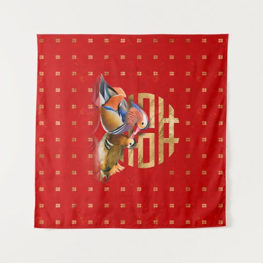 Mandarijnse eenden en dubbelgeluk op rood wandkleed (Voorkant (horizontaal))