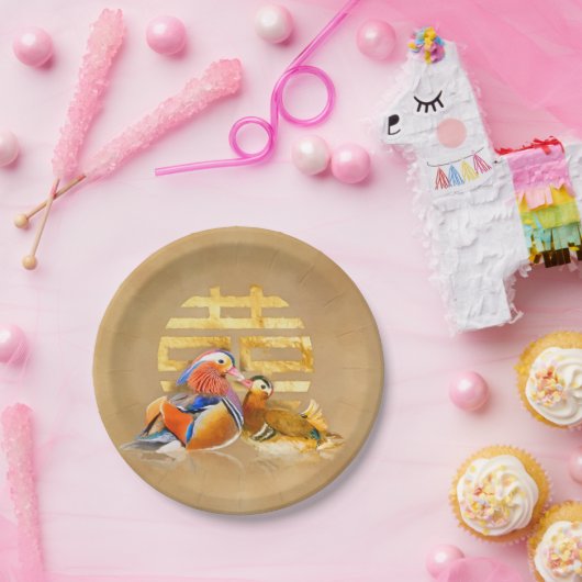 Mandarijnse eenden en dubbelgelukssymbool papieren bordje (Feest)