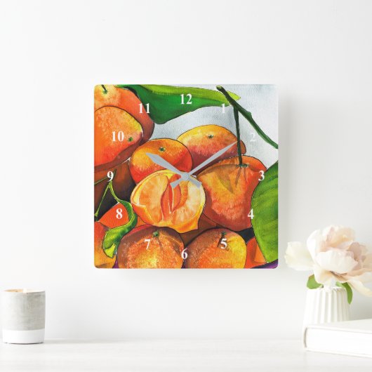 Mandarijnse sinaasappels waterverf vierkante klok (Huis)