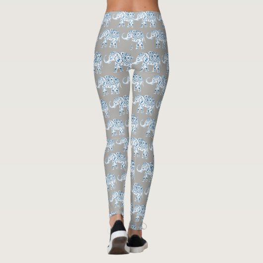Mandela Blue Elephant on Grey Yoga Leggings (Achterkant)