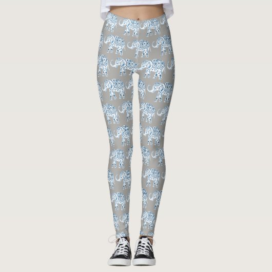 Mandela Blue Elephant on Grey Yoga Leggings (Voorkant)