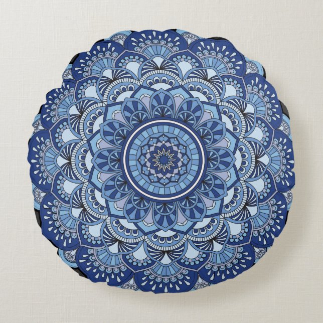 Mandela Flower Blue Rond Kussen (Voorkant)