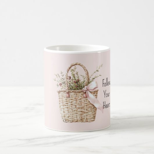 Mandje met rode rozen en roze lint koffiemok (Center)