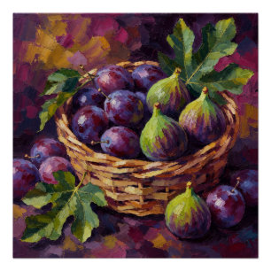 Mandje met vijgen en pruimen olieverfschilderij ku perfect poster
