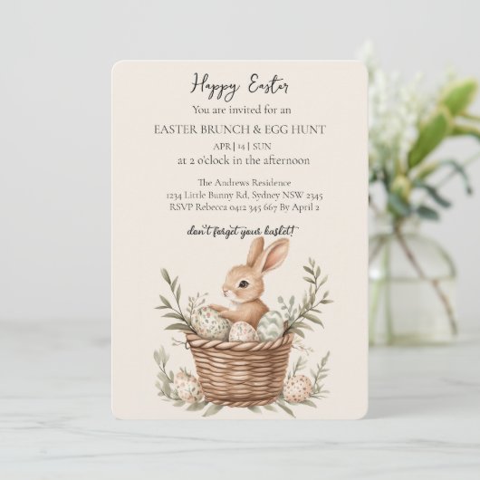 Mandjes met eieren rond oude stoel en Eggs Hunt Kaart (Staand voorkant)