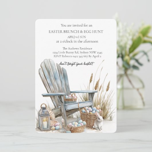 Mandjes met eieren rond oude stoel en Eggs Hunt Kaart (Staand voorkant)