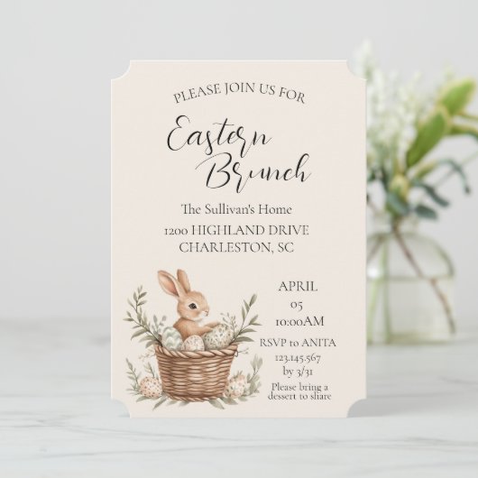 Mandjes met eieren rond oude stoel Paasbrunch Kaart (Staand voorkant)