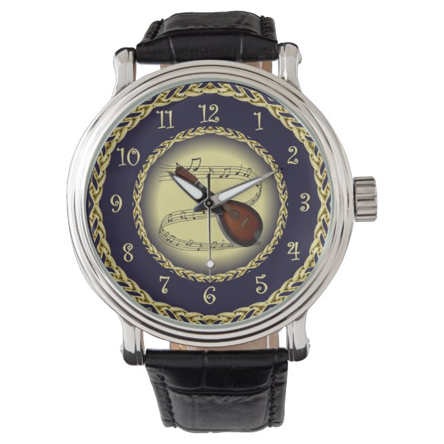 Mandolin 01 ~ Musical Scroll ~ Gold/Navy Blue ~ Horloge (Voorkant)