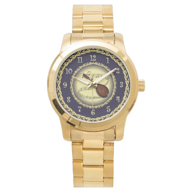 Mandolin 01 ~ Musical Scroll ~ Gold/Navy Blue ~ Horloge (Voorkant)