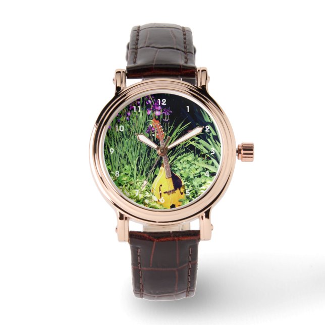 Mandolin en Iris Flower Garden Horloge (Voorkant)