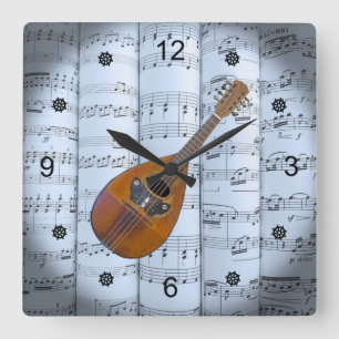 Mandolin~Rollend blad Muziek~Blue Tint Background  Vierkante Klok