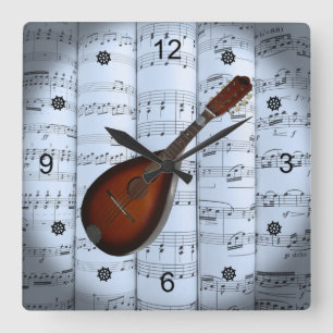Mandolin~Rollend blad Muziek~Blue Tint Background  Vierkante Klok