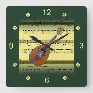 Mandolin~Rolling Sheet Music~Gold/Green Background Vierkante Klok