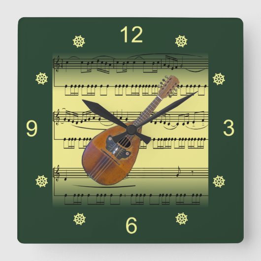 Mandolin~Rolling Sheet Music~Gold/Green Background Vierkante Klok (Voorkant)