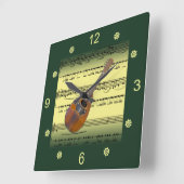 Mandolin~Rolling Sheet Music~Gold/Green Background Vierkante Klok (Hoek)