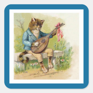 Mandoline-Playing Kat in Shimmering Sky Blue Jacke Vierkante Sticker