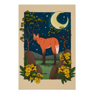 Maned Wolf and Ipe Flower Pillow - Brazilian Anima Perfect Poster