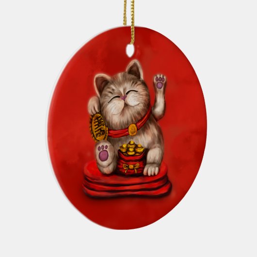 Maneki-neko Becelling cat op rood Keramisch Ornament (Rechts)