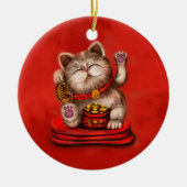 Maneki-neko Becelling cat op rood Keramisch Ornament (Voorkant)