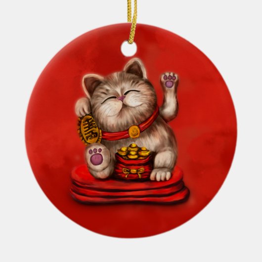 Maneki-neko Becelling cat op rood Keramisch Ornament (Voorkant)