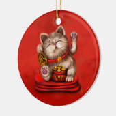 Maneki-neko Becelling cat op rood Keramisch Ornament (Links)