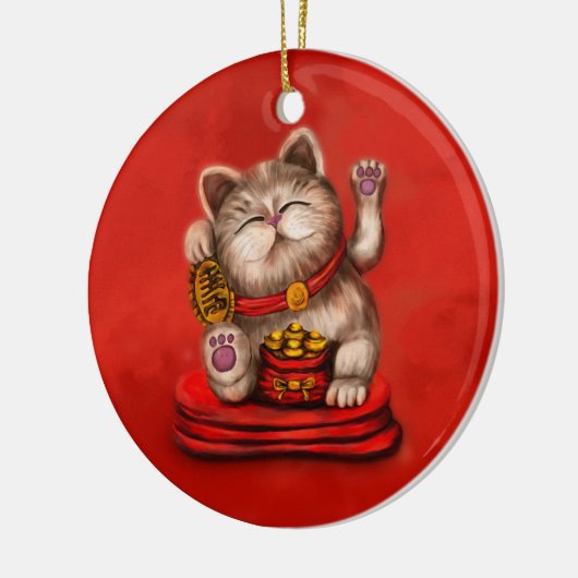 Maneki-neko Becelling cat op rood Keramisch Ornament (Links)