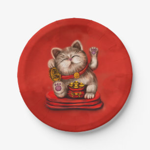 Maneki-neko Becelling cat op rood Papieren Bordje