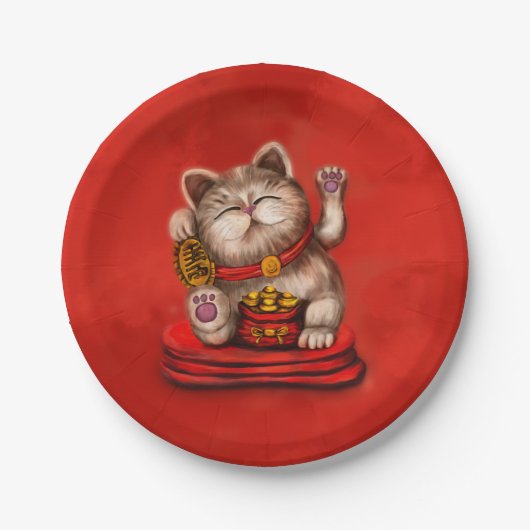 Maneki-neko Becelling cat op rood Papieren Bordje (Voorkant)