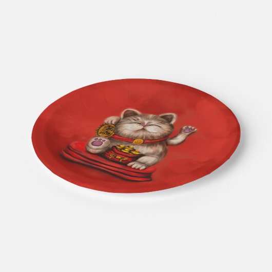 Maneki-neko Becelling cat op rood Papieren Bordje (Gekanteld)