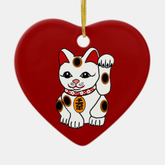 Maneki Neko Cat op rode achtergrond Keramisch Ornament