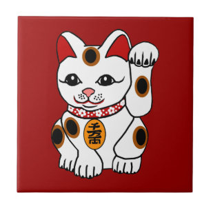 Maneki Neko Cat op rode achtergrond Tegeltje