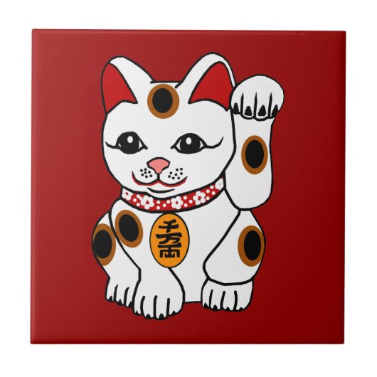 Maneki Neko Cat op rode achtergrond Tegeltje (Voorkant)