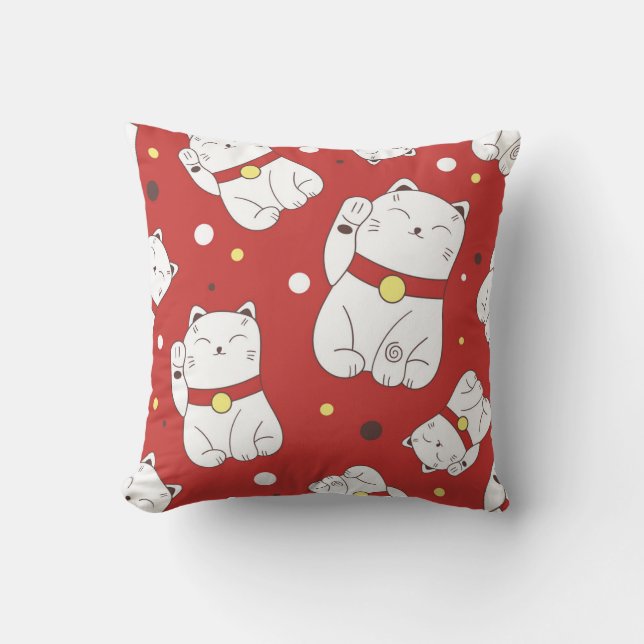 Maneki-Neko kat, Japans doodle patroon. Kussen (Voorkant)