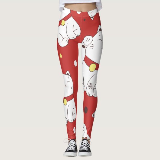 Maneki-Neko kat, Japans doodle patroon. Leggings (Voorkant)