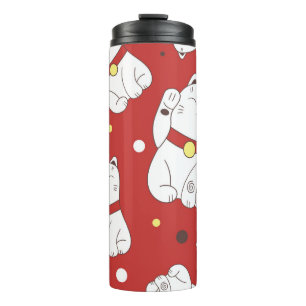 Maneki-Neko kat, Japans doodle patroon. Thermosbeker