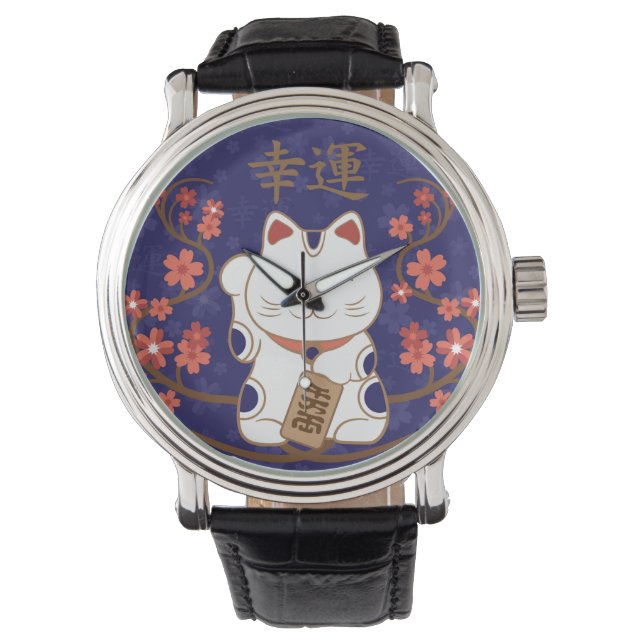 Maneki-neko kat met veel geluk kanji horloge (Voorkant)