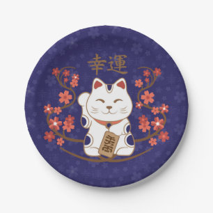 Maneki-neko kat met veel geluk kanji papieren bordje