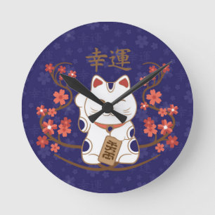 Maneki-neko kat met veel geluk kanji ronde klok