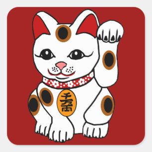 Maneki Neko Kat op Rode Achtergrond Vierkante Sticker
