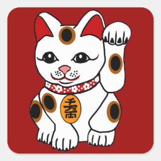Maneki Neko Kat op Rode Achtergrond Vierkante Sticker