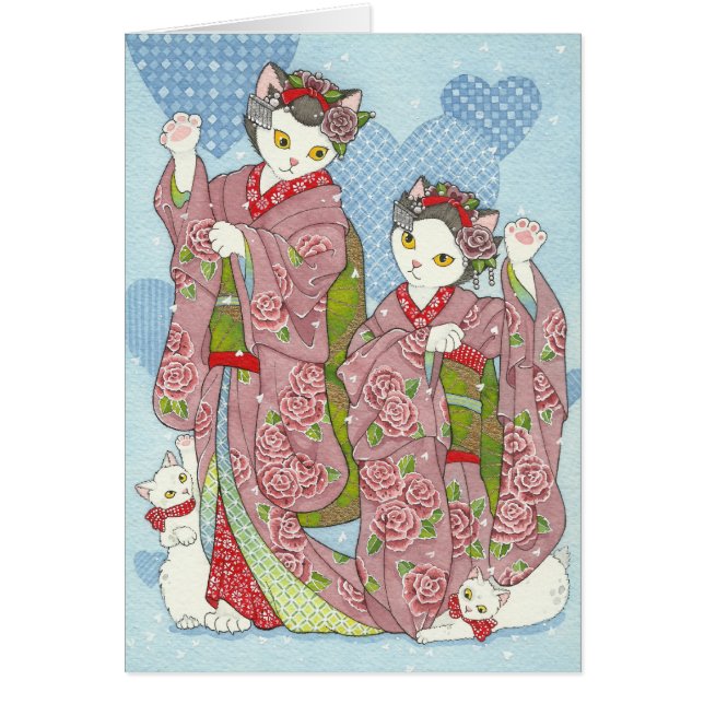 Maneki Neko Kawaii Maiko Dansende Cats Kimono Card (Voorkant)