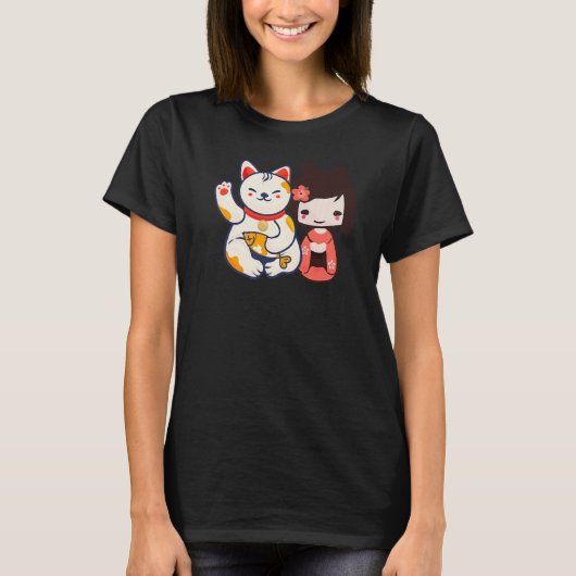 Maneki Neko Lucky Becelling Cat met Cute Girl T-shirt (Voorkant)