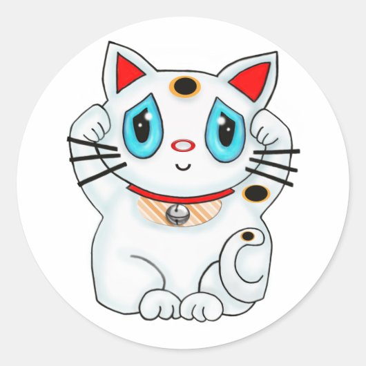 Maneki Neko Lucky Becelling White Cat Ronde Sticker (Voorkant)