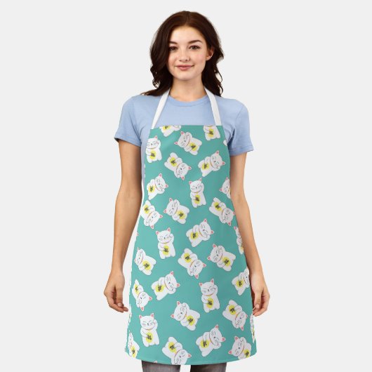 Maneki Neko Lucky Cat All-Over Print Apron Schort (Gedragen)